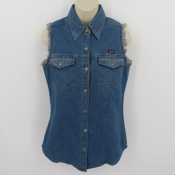 Harley Davidson Women Extra Small XS Blue Denim Snap Embroidered Vest Shirt Top - Picture 11 of 12